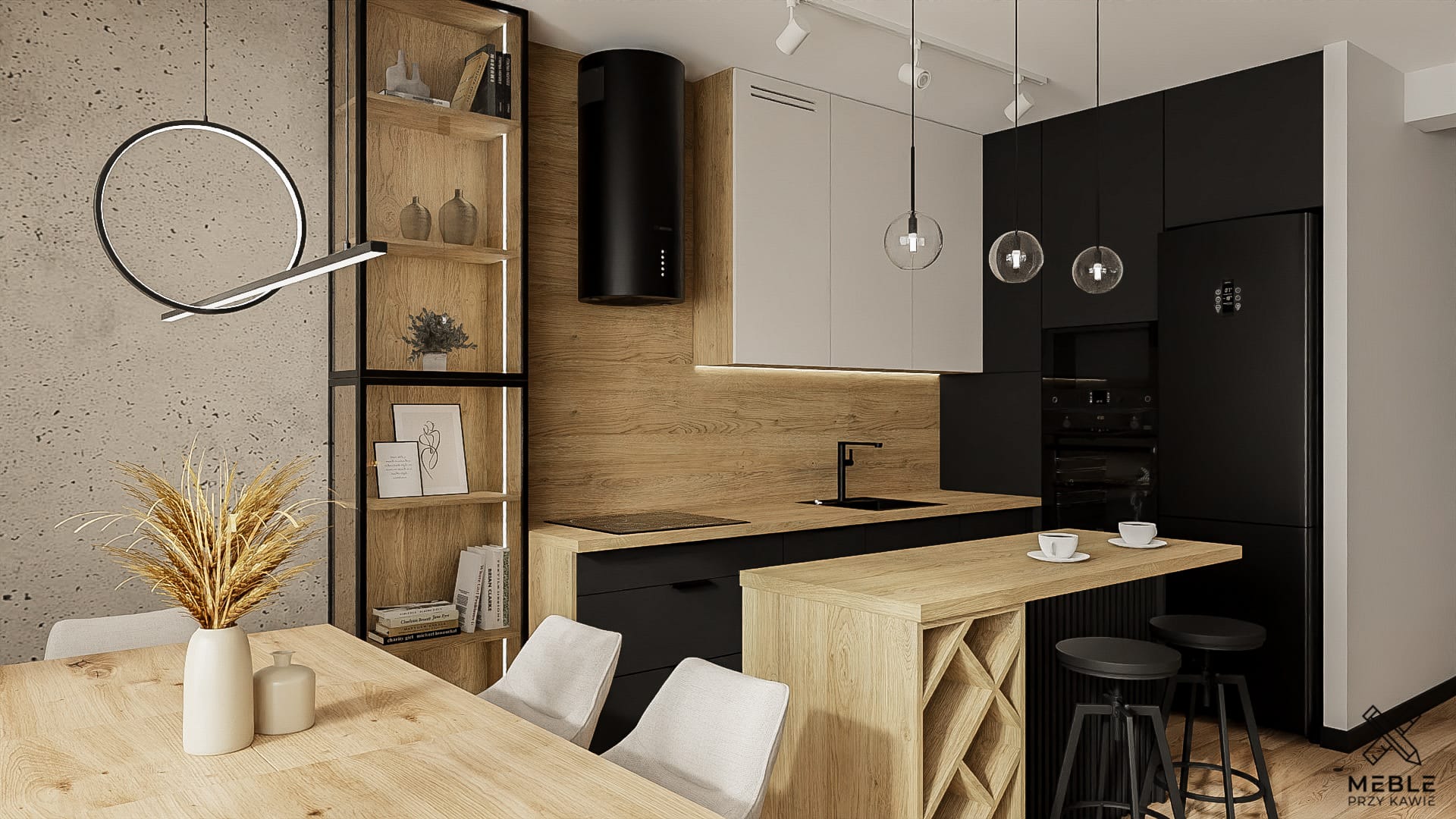 Nowoczesna kuchnia czarno-drewniana