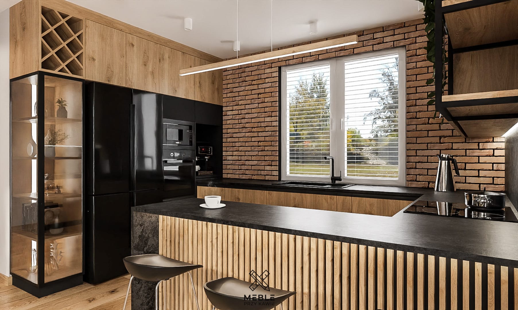 Projekt loftowej kuchni z cegłą