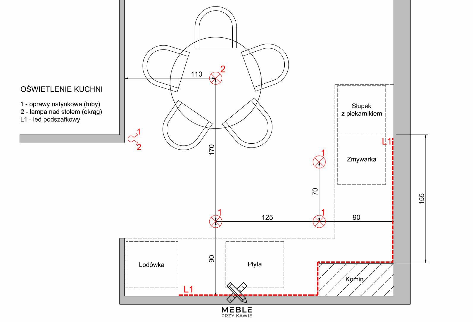 Rysunek oświetlenia w kuchni